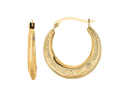 10K Gold Diamond Cut Etched Pattern Hoop Earring For Discount