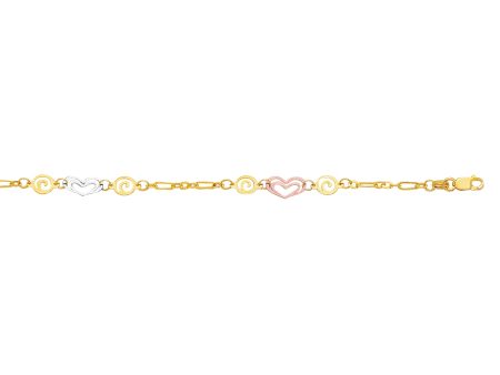 14K Tri-color Gold Heart and Swirl Anklet Cheap